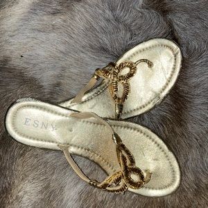 Gold sparkles slip on sandal with slight wedge